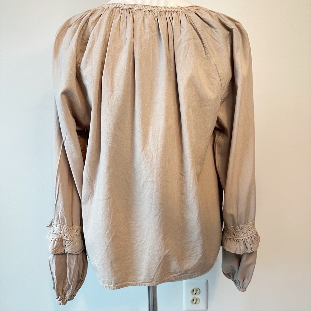 Evereve Elli Top Blouse Sandstone Poplin Blouson Crochet Balloon Sleeves, M - Picture 6 of 16